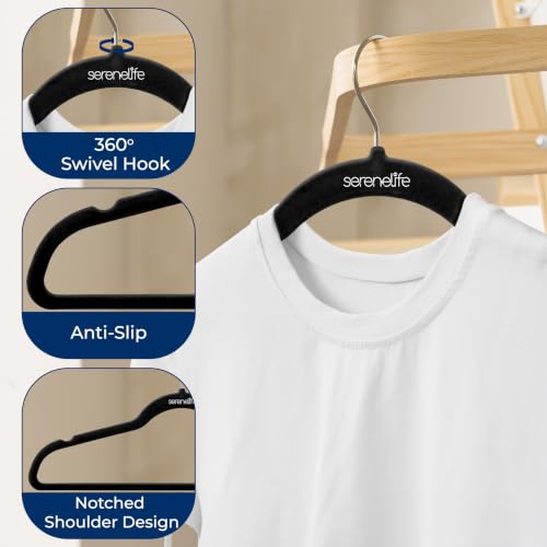 Image of SereneLife Premium Non-Slip Velvet Hangers - Space Saving Heavy Duty Slim Suit Clothes Hanger Set with 360 Degree Swivel Metal Hook, Can Hold Up to 10 Lbs. for Coats, Jackets, Pants & Dress (50-Pack)