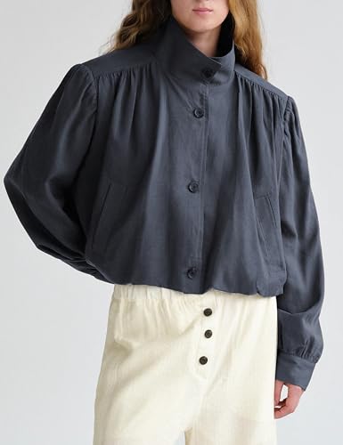 Fiona Jolin Women Linen Bomber Jackets Casual Long Sleeve Pleated Streetwear Coat Fall Trendy Jacket Outwear with Pockets2