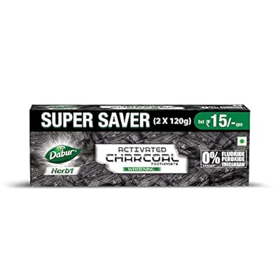 DABUR Herb'L Activated Charcoal Toothpaste (120g x 2) @99 | DABUR Herb'L Activated Charcoal Toothpaste 240G (120G x2, Pack of 2) | Whitening Black Gel Toothpaste | Fluoride Free | Fights Plaque & Extr