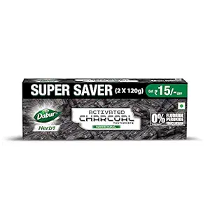 DABUR Herb'L Activated Charcoal Toothpaste-240G (120Gx2,Pack Of 2)|Black Gel Toothpaste|Whitening |Fluoride Free|Fights Plaque&Extrinsic Stains|With Power Of Mint|Cool&Refreshing Mouth Experience