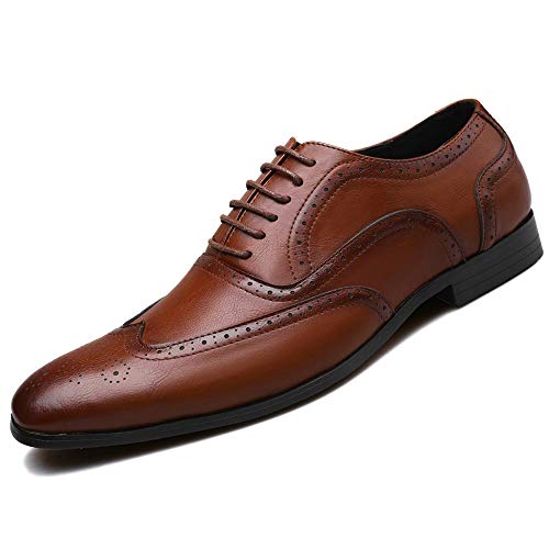 HOOENG Dress Oxford Shoes for Men Lace Up Square Toe Burnished Toe Brogue Wing tip Oxford Shoes Low Top Non Slip Block Heel Slip Resistant Prom(Color:Brown,Size:11)