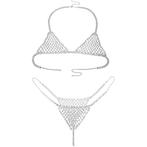 Ingemark Statement Crystal Bikini Rhinestone Chain for Women Top Bra Brief (Silver) Cover