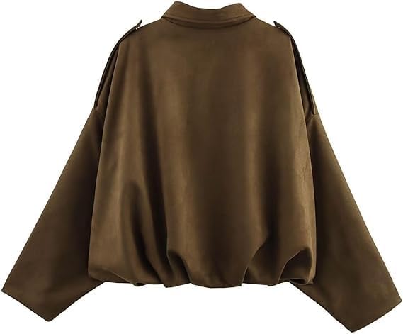 SKAYS Womens Faux Suede Bomber Jacket Lightweight Zip Up Cropped Lapel Pilot Jackets Oversized Casual Motorcycle Coat - Image 4