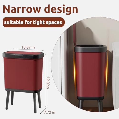Image of Slim Kitchen Trash Can with Legs, 4 Gallon Bathroom Wastebasket with Press Top Lid, Rectangle Red Garbage Can with Lid, Small Plastic Trash Can for Toilet, Bedroom, Living Room, Dorm