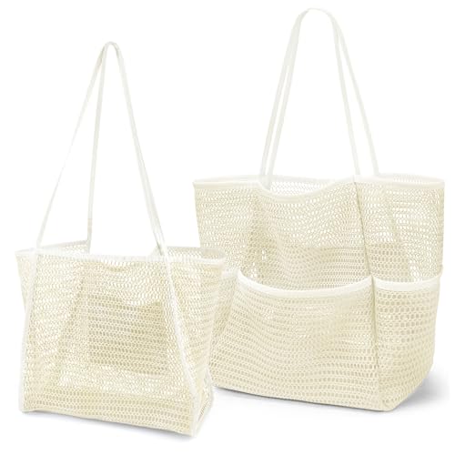 2 Pcs Mesh Beach Bags, 2 Sizes Causal Beach Bags for Women, Beach Tote Bag with Mini Pocket, Pool Bag for Travel (Khaki)