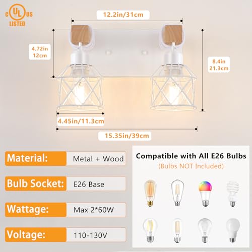 Image of FadimiKoo 2-Light White Bathroom Light Fixtures, Wood Bathroom Vanity Lighting Fixtures Over Mirror, Rustic Sconces Wall Lighting with Elegant Metal Lampshade for Living Room, Bedroom, Hallway