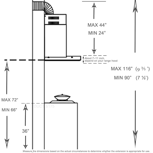 Wall Mount Range Hood Extension Duct Stainless Steel Adjustable Pipe Mount Brackets Included Rust Resistant Easy Clean up to 9 ft.