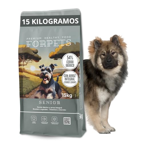 Pienso Senior para Perros Mayores 15 KG, Alta Digestibilidad y Refuerzo Articular con Glucosamina y Condroitina, Cerdo Ibérico y Arroz Integral, Ideal para Edad Avanzada y Piel Sensible FORPETS