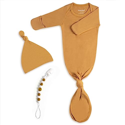 Image of Knotted Gown Baby Newborn Coming Home Outfit Boy Girl, Soft Modal Infant Sleeper 0-3 Months, Announcement Clothes Nightgown with Mittens, Pacifier Clip & Hat Set Grape Purple