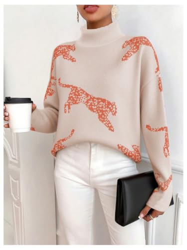 Image of WDIRARA Women's Leopard Tiger Print Sweater High Neck Long Sleeve Fuzzy Knitted Pullover Top