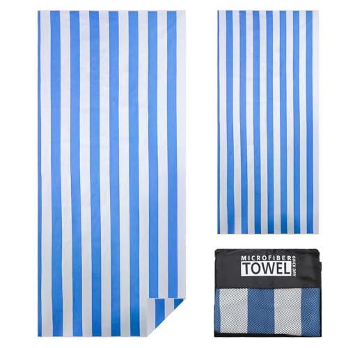 TMEOG Microfibre Beach Towels 180x80cm Extra Large Sand Free Beach Towel for Adults Compact Thin Travel Towel Women Men Lightweight Swim Pool Yoga Towel with Bag(Blue Stripes)