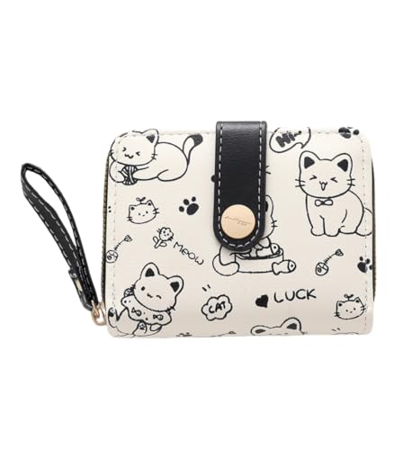 Kawaii Cat Animal Wallet Pastel Color for Women, Cute Cream Mini Purse with ID Window and Card Holder, Adorable Travel Wallet for for Grils & Ladies (04-Black)