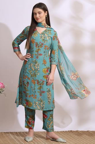 Image of W for Woman Reef Blue Floral Printed Modal Straight Kurta, Pants and Dupatta Set