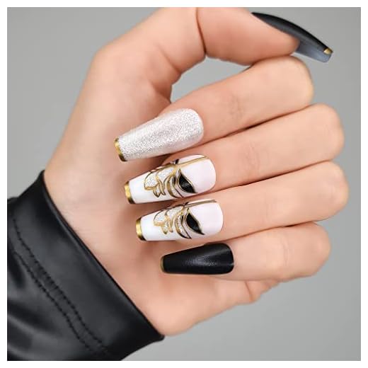 Hypnaughty 24 Pcs Black Flower White and Black Matte Luxury Coffin Press on Nails with Glitter and Flower Design and Gold French Tips with Glue Medium Long False Nails (Black Flower)