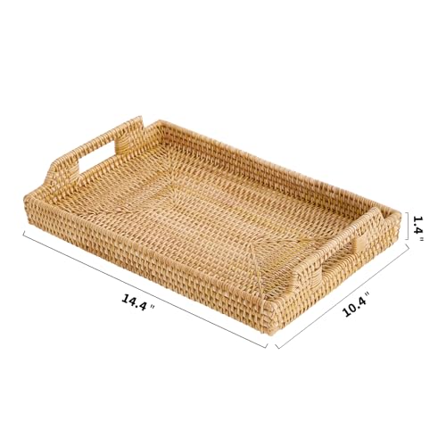 Rattan Rectangular Serving Tray with Handles, Hand-Woven Wicker Decorative Tray for Coffee Table,Vintage Boho Style Decor for Dining, Kitchen, Bathroom, Outdoor(14.4"x10.4"x1.4") by Kmelep - Image 8
