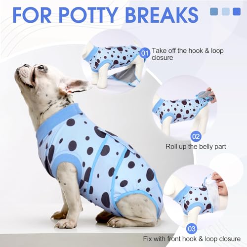 Image of Kuoser Dog Surgery Suit, Soft Dog Spay Recovery Suit Female, Anti Licking Neuter Recovery Suit for Male Dogs, Post-Op Pet Surgical Suit Protective Wear E-Collar & Cone Alternative,Blue Polka Dots S