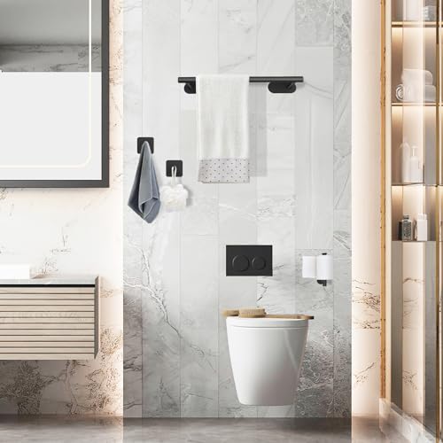 Miniatura 7 de Yunyoda Juego De Toalleros De Baño Sin Taladro, 5pcs Accesorios Baño De Acero Inoxidable, Toallero Adhesivo Baño, Portarrollos Para Papel, Gancho De Pared Para Toallas, 40cm, Negro
