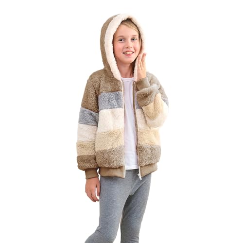 Image of Girls Zip up Hoodie Kids Fuzzy Fleece Jacket with hood Fall Winter Contrast color Pullover Sweatshirt 4-14 Years