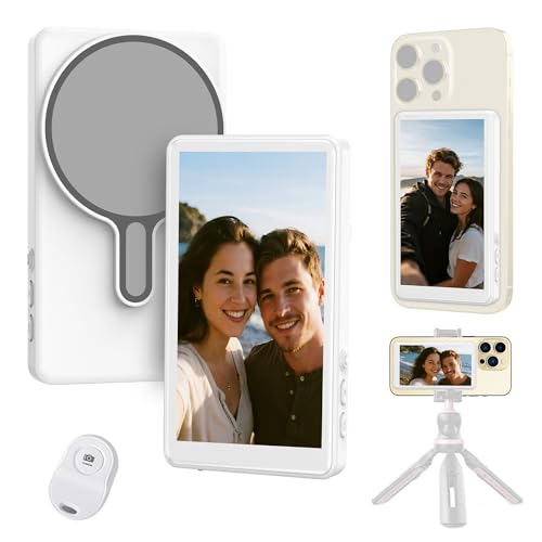 Selfie Monitor Screen for iPhone/Android,Magnetic Phone Vlog Selfie Screen with 1800mAh Battery&Bluetooth Remote,Wireless Back Camera Monitor for Live Streaming/TikTok(White)