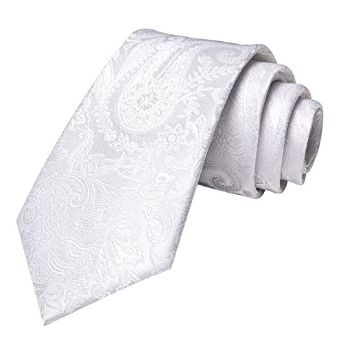Image of Hi-Tie White Solid Ties for Men Floral Jacquard Necktie and Pocket Square Lapel Pin Silver Tie Clip Cufflinks Set Wedding Business 6PCS