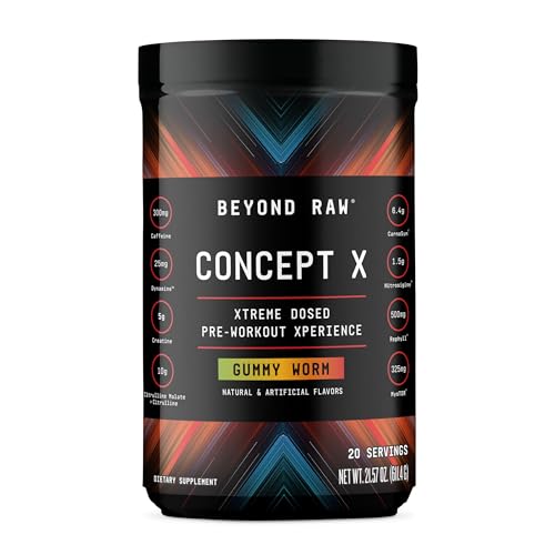 BEYOND RAW Concept X, Clinically Dosed Pre-Workout Powder, Contains Caffeine, L-Citrulline, Creatine, and Beta-Alanine, Gummy Worm Flavor, 20 Servings