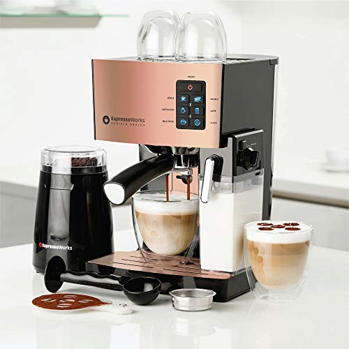 Espresso & Cappuccino Maker- 19 Bar Pump - 10 Pc Allinone Espresso Maker & Milk Steamer W/Bean Grinder, 2 Cappuccino & 2 Expresso Cups, Tamper, Single & Double Shot Filter Baskets, 1250W, (Rose Gold) #TOP1