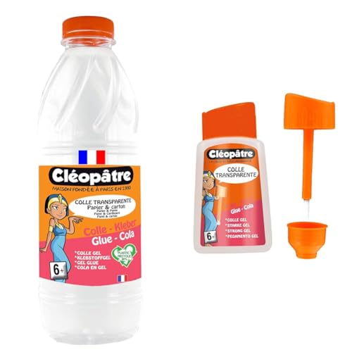 CLEOPATRE- Colle transparente - Flacon de recharge au format de 1 kg & CLEOPATRE - Blister Colle transparente forteAdhésive en 80 gr avec pinceau incorporé