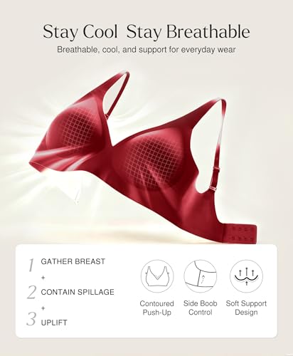 Wireless Push Up Bra Womens Bras Full Support Comfy Seamless Bralettes No Underwire Tshirt Comfortable Deep V Bra Red