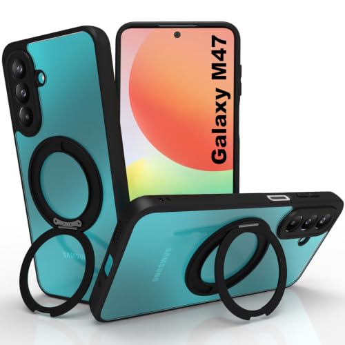 Image of RIGGEAR Shockproof Sleek Hybrid Armor 360 Rotating Magnetic Ring Stand Back Cover Case Compatible with MagSafe Accessories for Samsung Galaxy M47 5G (Clear PC + Black TPU Bumper)