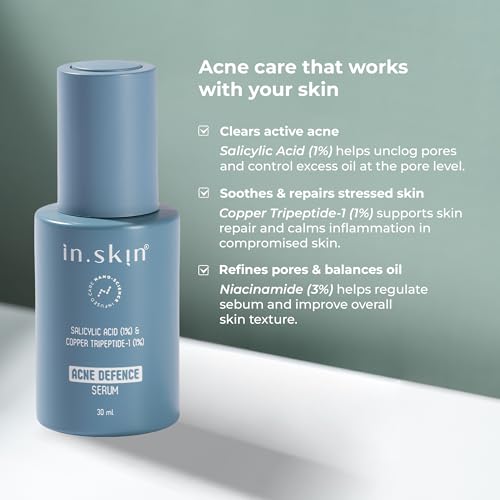 Image of in.skin Anti Acne 3% Niacinamide,1% Salicylic Acid Face Serum | Reduce Active Acne, Controls Oil & Reduce Pimples Dark Spots | Nanoplex Technology | All Skin Types | For Men & Women - 30 ML