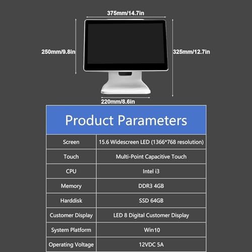 Image of Cash Register System, 15.6 Inch Lcd Touch Screen Pos System Retail Restaurant Monitor, 1366 X 768 Resolution Cash Register With Hd Display Panel, Electronic Commercial Monitor Basic Cash Register Till