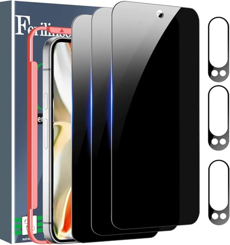 Ferilinso 3 Pack Privacy Screen Protector for Google Pixel 9 Pro 9H Military-Grade Shatterproof Tempered Glass Easy installation Fingerprint Compatible Case Friendly Camera Lens Protector