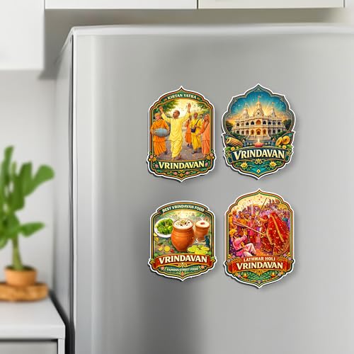 Image of Regalo Casila Vrindavan Souvenir Fridge Magnet Set of 4 Pcs Kirtan Yatra Lathmar Holi Vrindavan Temple Street Food Refrigerator Magnets Travel Souvenir Gift Kitchen Fridge Decor