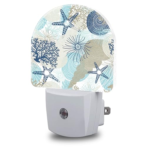 Image of Night Light, Corals and Seashells Night Lights Plug into Wall Dusk to Dawn Sensor Round Nightlight for Women Men Energy Efficient Led Lamp 0.5W for Stairway Hallway Bedroom