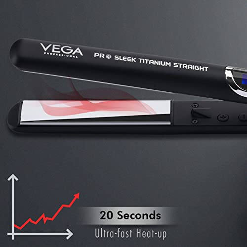 VEGA PROFESSIONAL Pro Sleek Titanium Straight Hair Straightener with 20 Sec Ultra Fast Heat Up, Adjustable Temperature Setting, 60min Auto Swtich-off, Overheating Protection for Salon, (VPPHS-02)