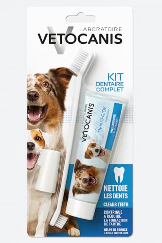 Vetocanis Bio00068 Zahnpflegeset für Hunde, mit Zahnbürste, Zahnpasta und Massagebürste, Geschmack Biscuit, 1 stück (1er Pack)