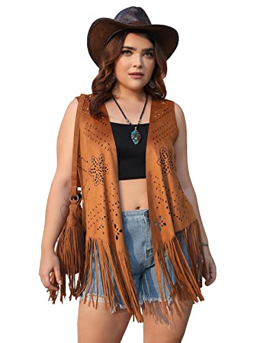Verdusa Women's Plus Size Hollow Out Fringe Suede Vest 70S Hippie Tassel Cardigan Camel 3Xl #TOP20
