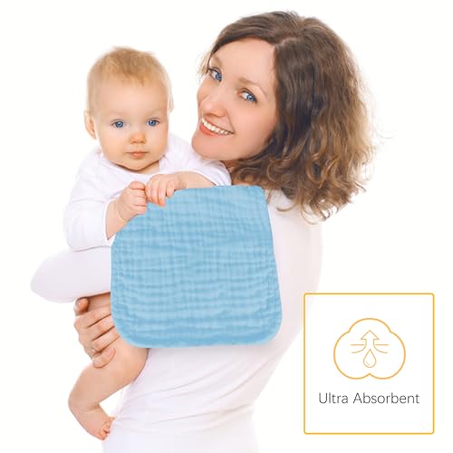 Image of Lovely Care 12 Pack Muslin Burp Cloths 100% Cotton Muslin Cloths Large 20''x10'' Extra Soft and Absorbent Baby Burping Cloth - Aqua