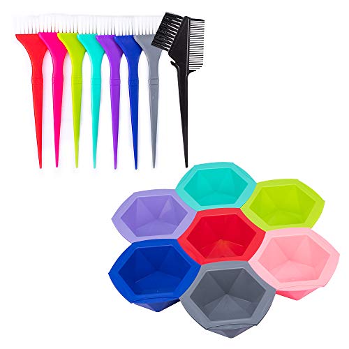15 PCS Professional Salon Hair Coloring Dye Mixing Tint Bowls and Brush Kit [7 Tint bowl + 7 Hair coloring brush + 1Hair dye comb] Dye Brush & Comb/Mixing Bowl/Tint Tool - Multicolor