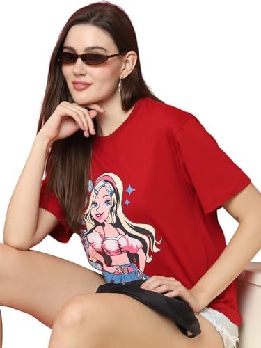 Image of Preneum Women's Cotton Aesthetic & Cool Graphic Printed Baggy Fit Drop-Shoulder Sleeves Cotton Oversized T-Shirt || Printed