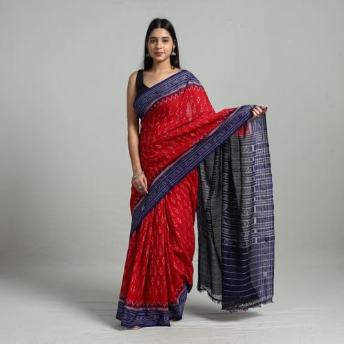Image of ODISHAHANDLOOM Sambalpuri Pure Cotton Handloom Saree, Traditional Ikat Pattern, Red and Green, Without Blouse