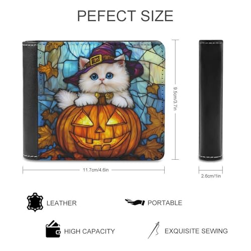 Halloween White Kitten on Carved Pumpkin Soft PU Leather Bifold Wallet, Coin Purse Credit Pass Case, Durable Card-Holder Slim Billfold for Men Woman Money Storage2