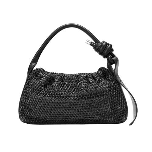 FRBUU Women's Handmade Mesh Knitted Leather Bag - Black and Green, Twisted Strap, Adjustable Shoulder Strap