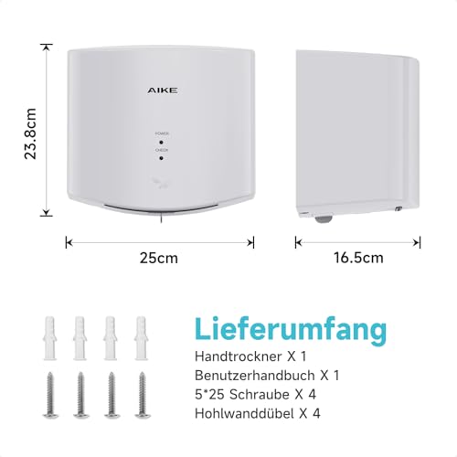 AIKE Air Wiper Kompakt Händetrockner, Hochgeschwindigkeit, 1400W 220V, Stecken & Loslegen, Papierlos & Berührungslos für Öffentliche Toiletten, AK2630S (Weiß)