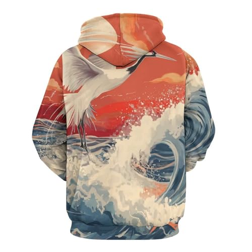 Pullover manches longues oiseau blanc et vagues au design artistique unique - 4