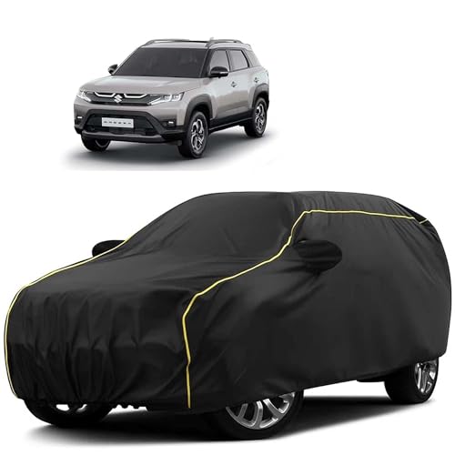 Image of Sulfar 100% Water Resistant Car Body Cover Compatible with Mirror for Maruti Suzuki Breeza (Triple Stitched, Full Bottom Elastic, Black Tafetta with Yellow Piping)