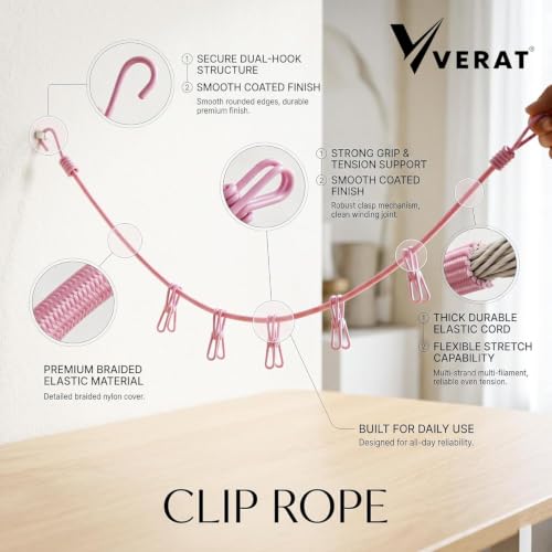 Image of 5 Piece Cloth Drying Rope /Elastic Rope with Hook /12 Clip Elastic Hanging Rope /Stretchable /Clothesline /Portable Cloth Dryer /Kapde Sukhane Ki Rassi /Travel Home Outdoor(Multicolour), Assorted