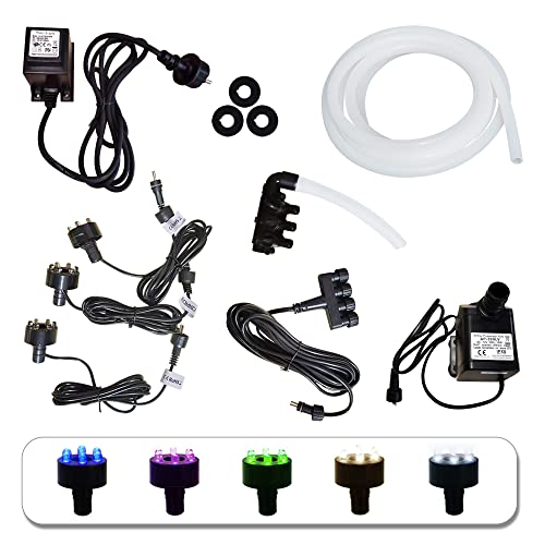 Köhko Kit complet de pompe 1000 l/h pour fontaine de jardin avec 3 éclairages LED (vert), distributeur d'eau 3 voies, répartiteur d'alimentation 4 voies,...
