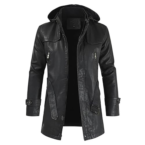 Chaqueta de cuero para hombre, abrigo largo de 3/4 de largo con capucha desmontable, chaqueta parka larga negra, gabardina negra para hombre, abrigo con capucha de safari resistente al viento, abrigo