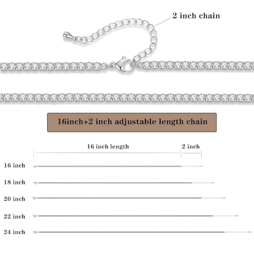 3mm Tennis Necklaces for Women, Adjustable length 14K White Gold Plated Thin Round Cubic Zirconia Classic Diamond Tennis Necklace for Women/Men, Size 16/18/20/22/24 inch3